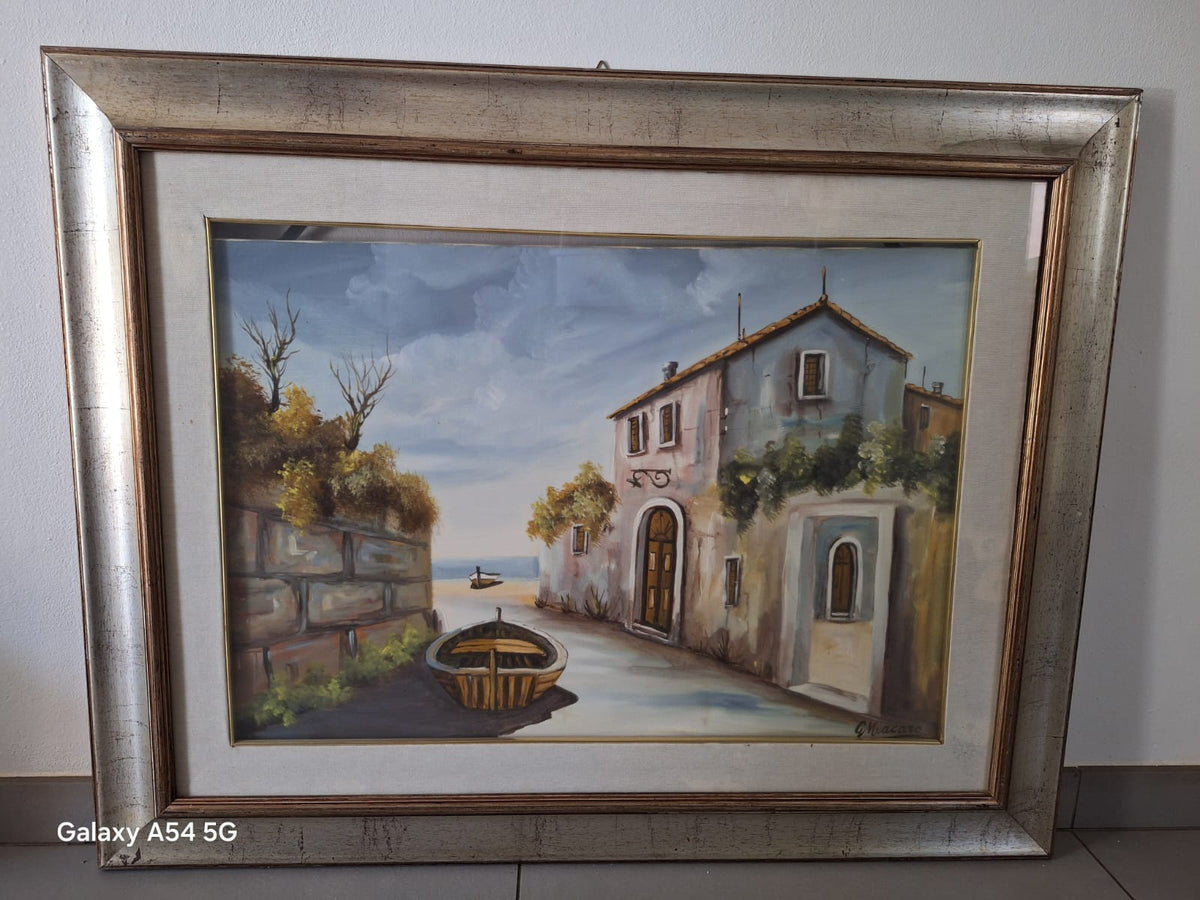 Paesaggio (Borgo marinaro con scorcio sul mare) di Gisella Macaro, olio su tela