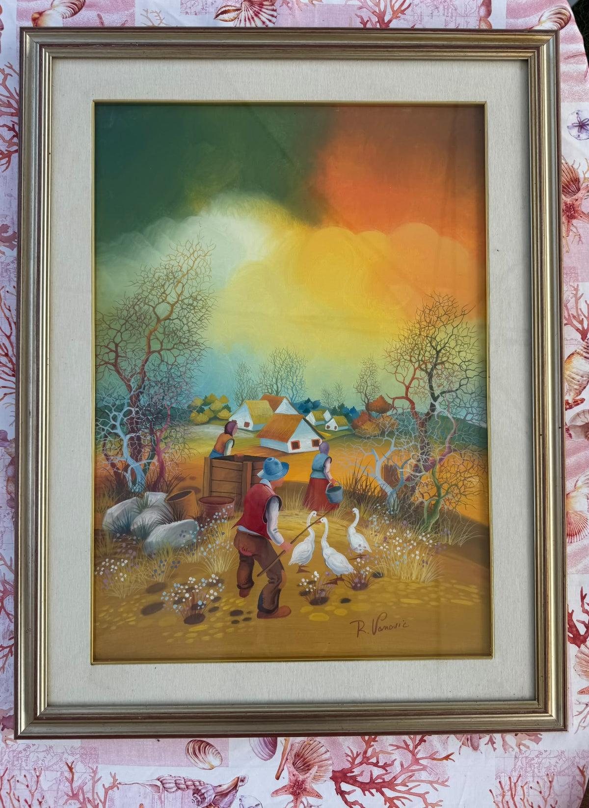Senza titolo (Paesaggio rurale con oche) di R. Vanović, olio
