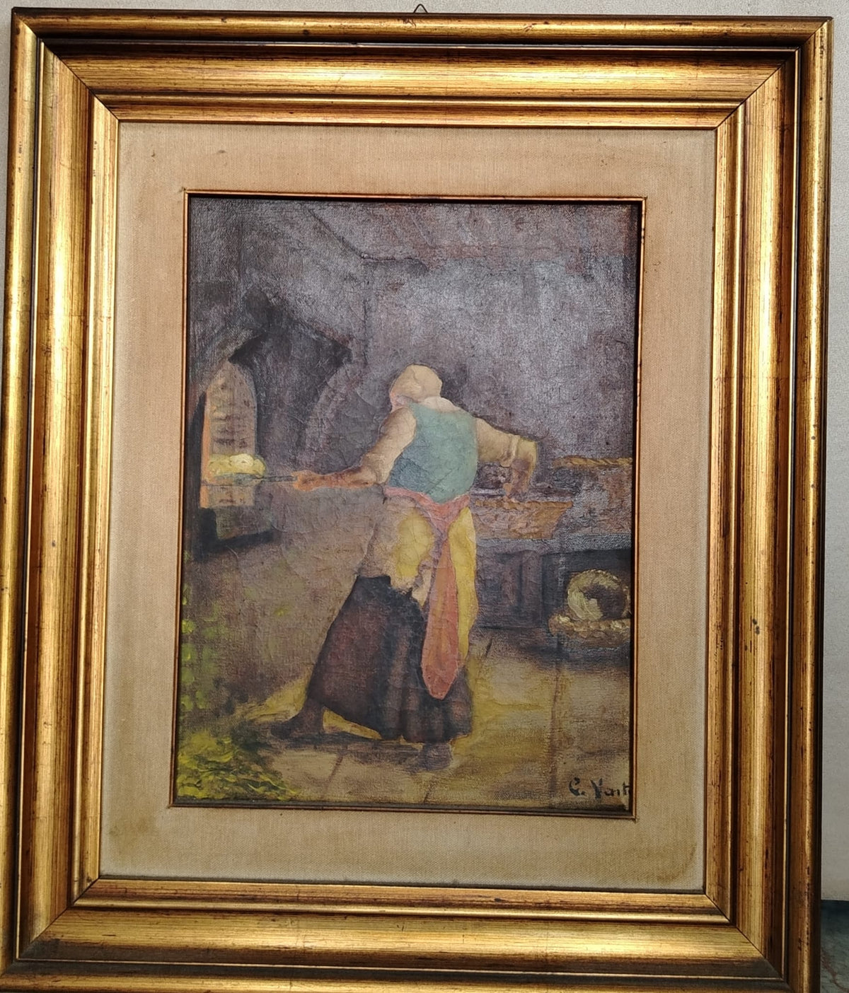 Donna che cuoce il pane, olio su tela di C. Vanti