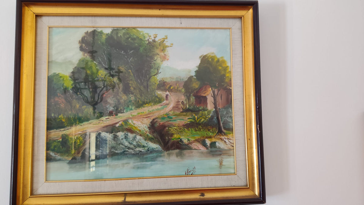 Senza titolo (Paesaggio campestre con torrente e casolare) di Firma da verificare, olio su cartone telato