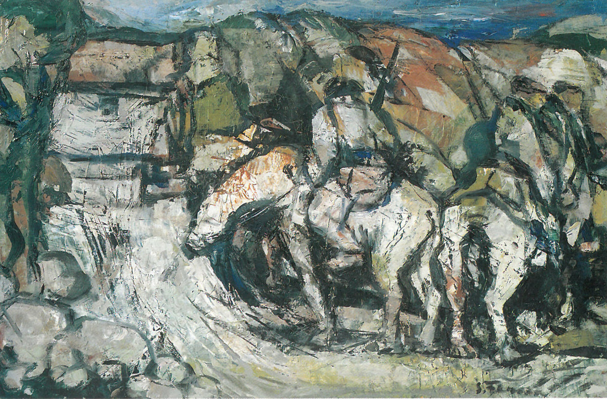 Contadini a cavallo di Salvatore Ferma, olio su tavola – paesaggio con figure