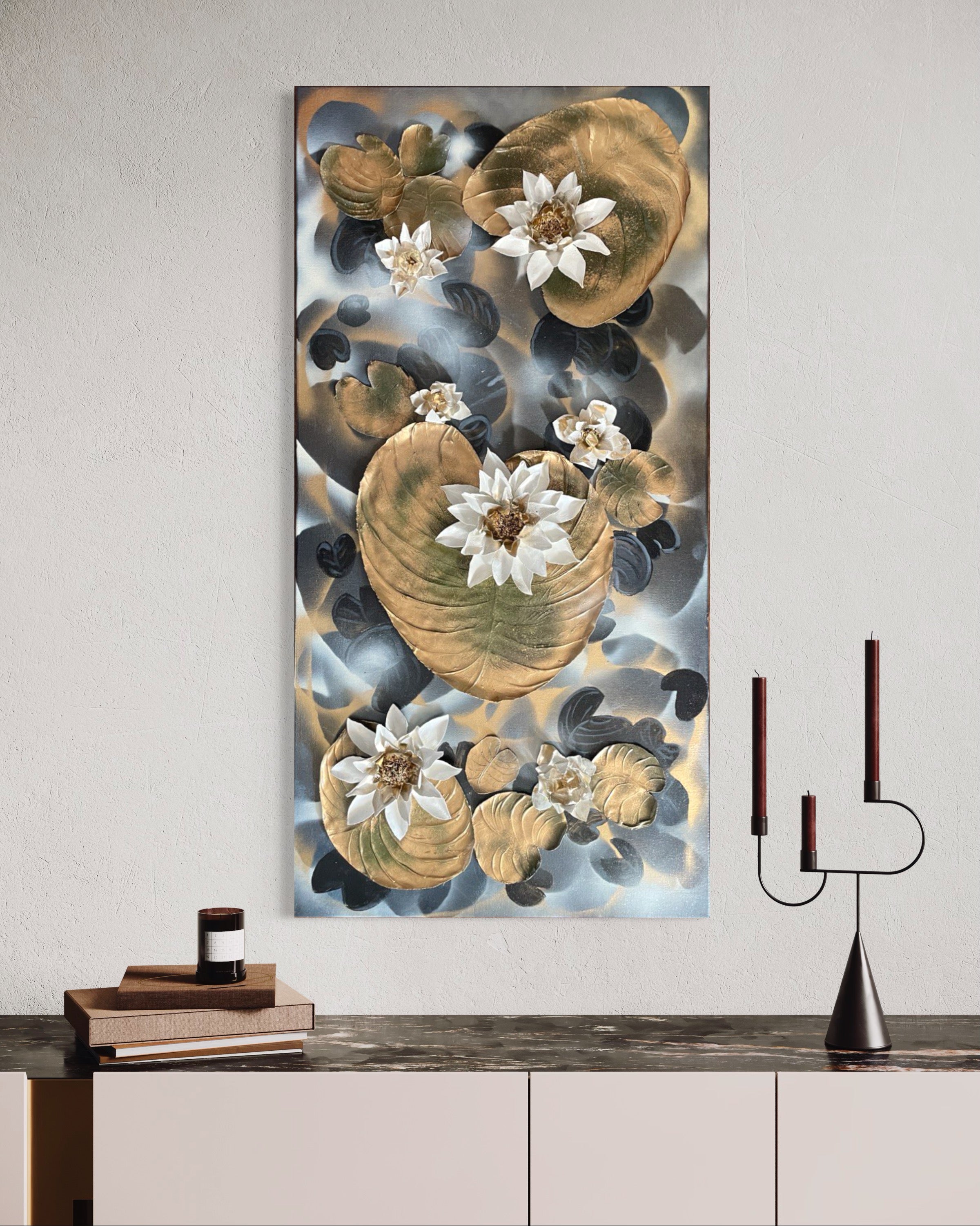 3D water lily wall art - black and gold tones.