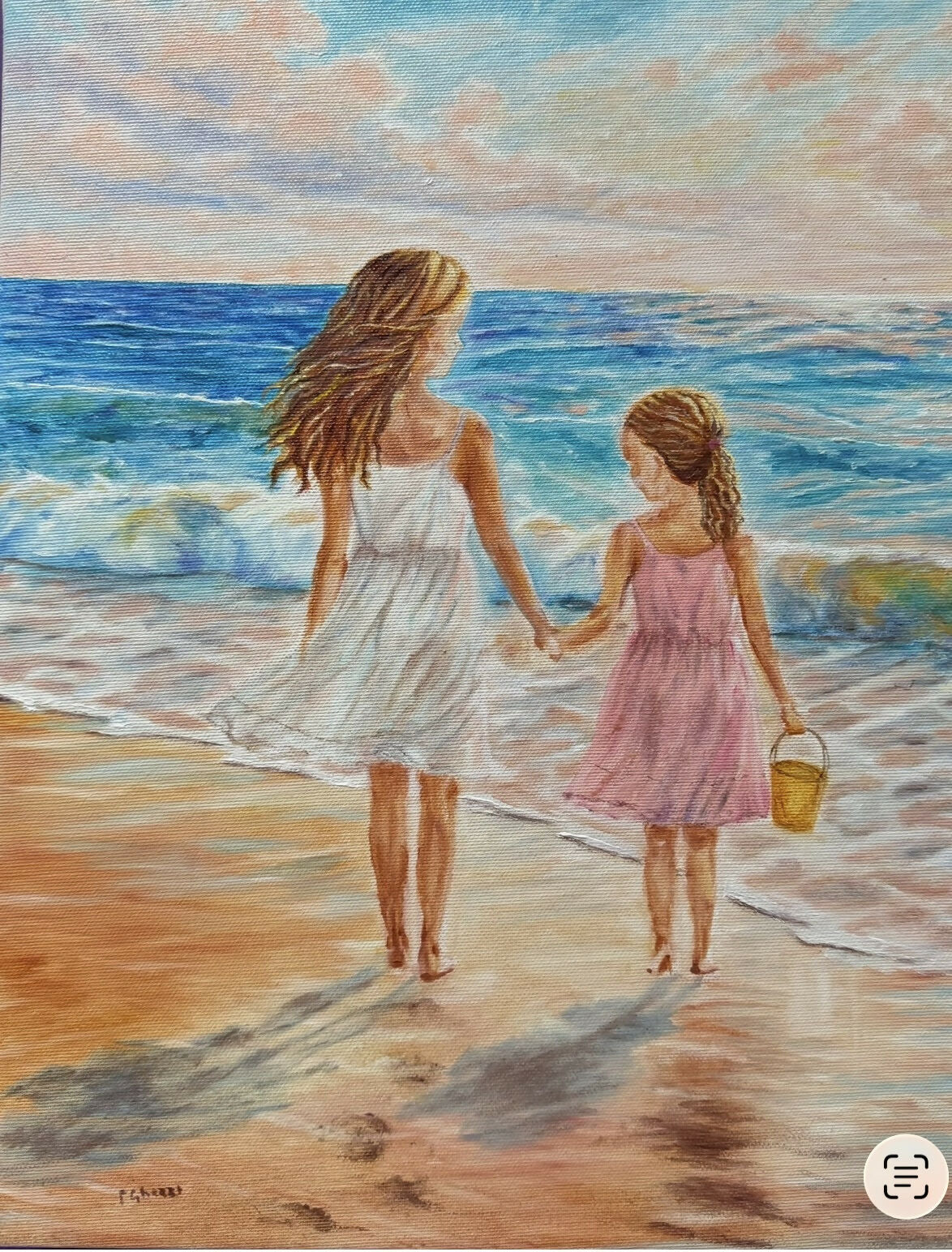 Dipinto figurativo di Patrizia Ghezzi con due figure femminili verso il mare