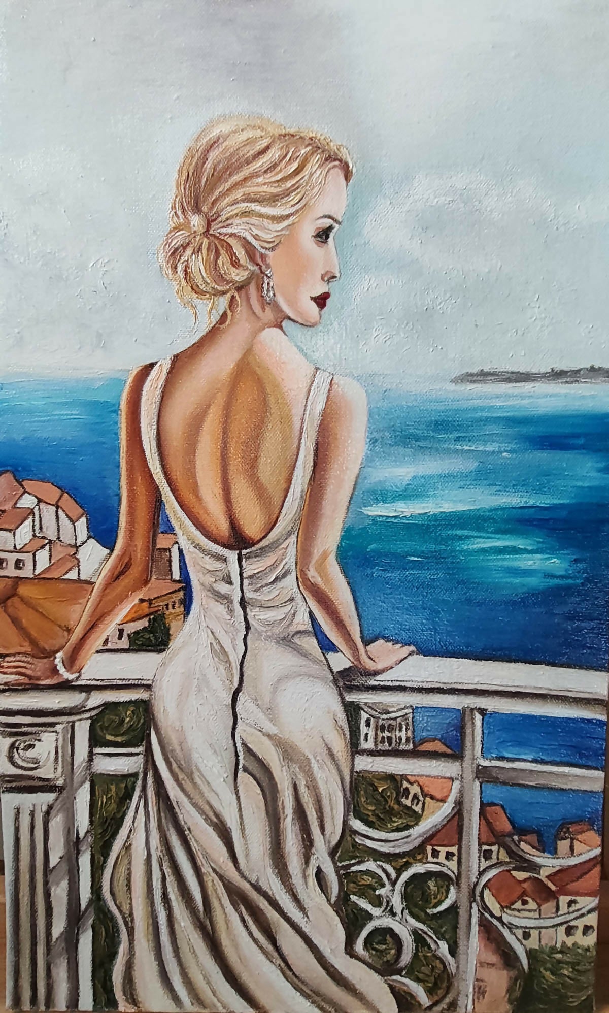 Terrazza paradiso, figura affacciata sul mare a olio su tela