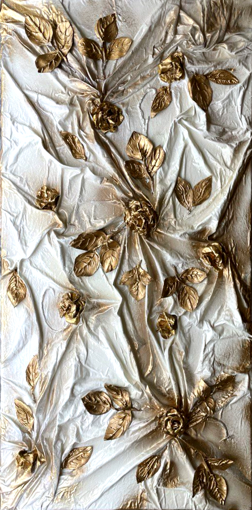 Elegant painting with gold relief sculpture and white flowers