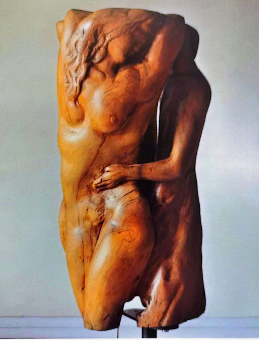 Movimento di Roberto Servi, scultura figurativa in legno d’ulivo