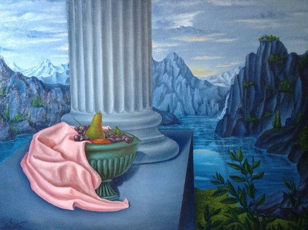 Luigi Boccardi - "Offerta al tempio" - I viaggi della mente e dell'anima (Cratere di frutta in paesaggio contemplativo e riflessivo)