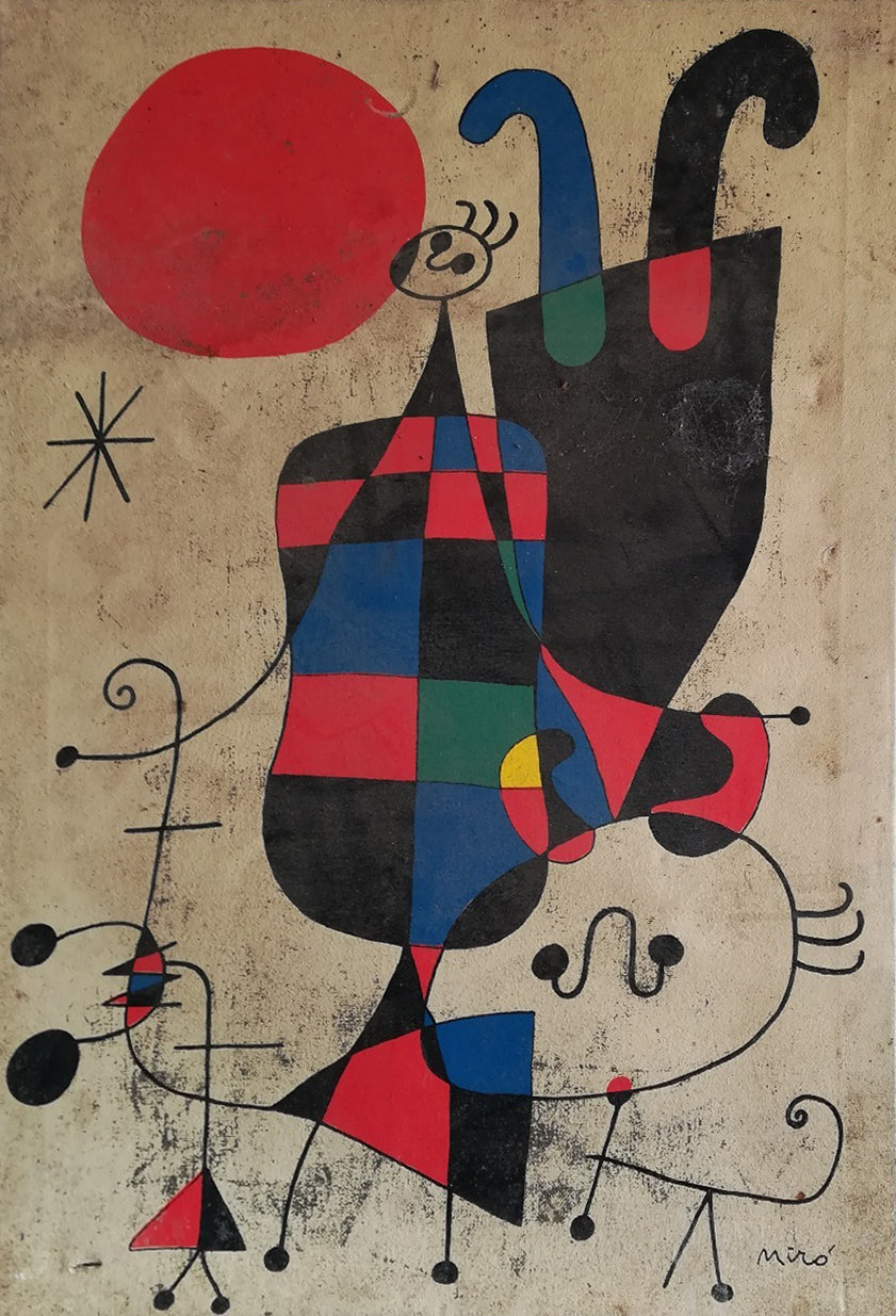 Joan Mirò - Personaggi e cane davanti al sole