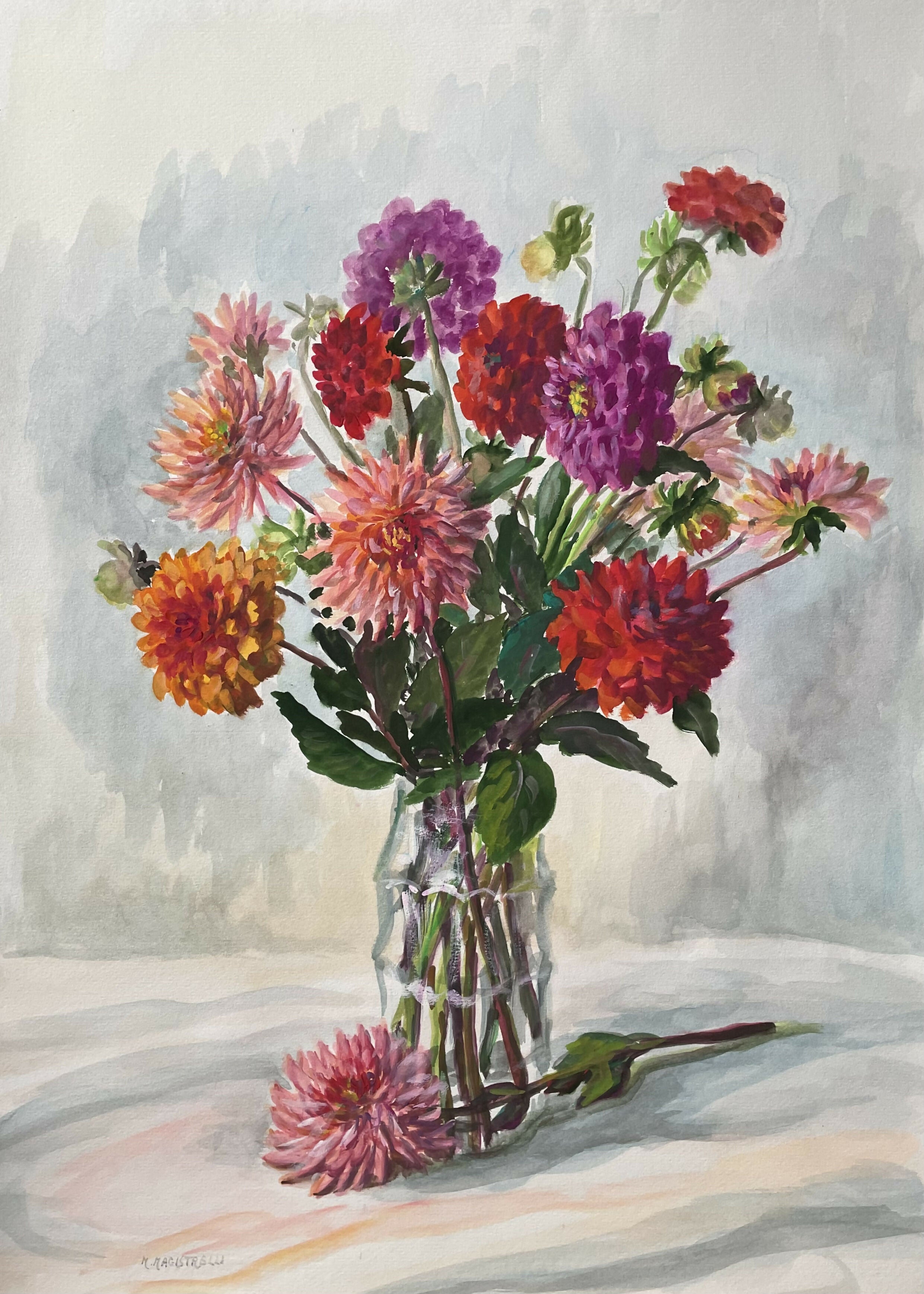 Dalie colori caldi in vaso vetro – Acquerello – Miranda Magistrelli