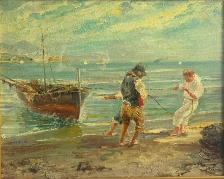 Giovanni Panza - Senza Titolo ( marina con pescatori e barche sulla spiaggia)
