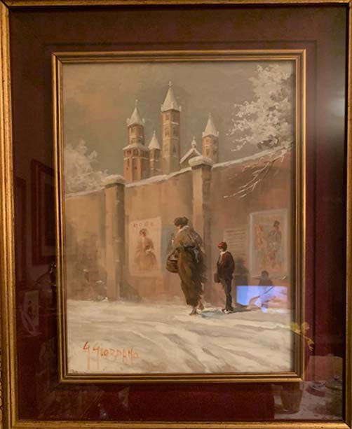 Vecchia Vercelli sotto la neve di Gino Giordano, olio su tela