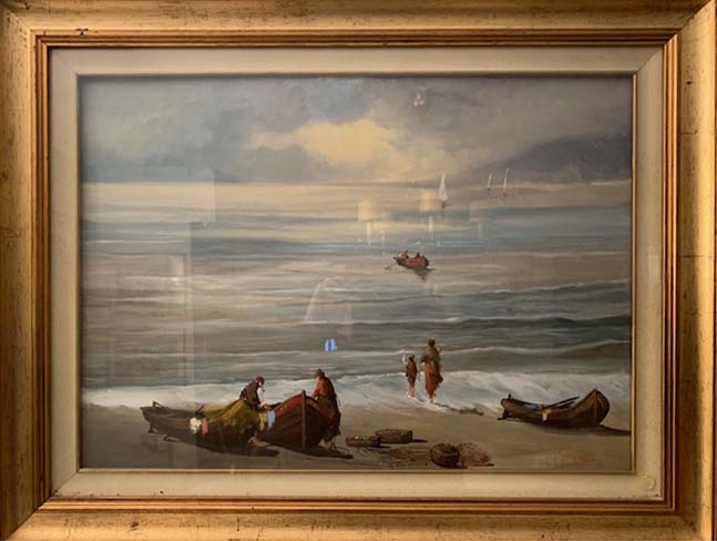 La nostra Liguria, Finale (spiaggia libera) di Gino Giordano, olio su tela