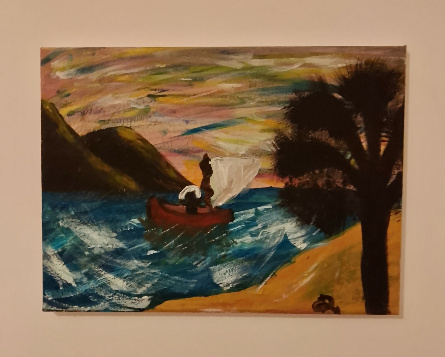 Il pescatore di Rita D'amore, pittura a pennello – paesaggio con figure