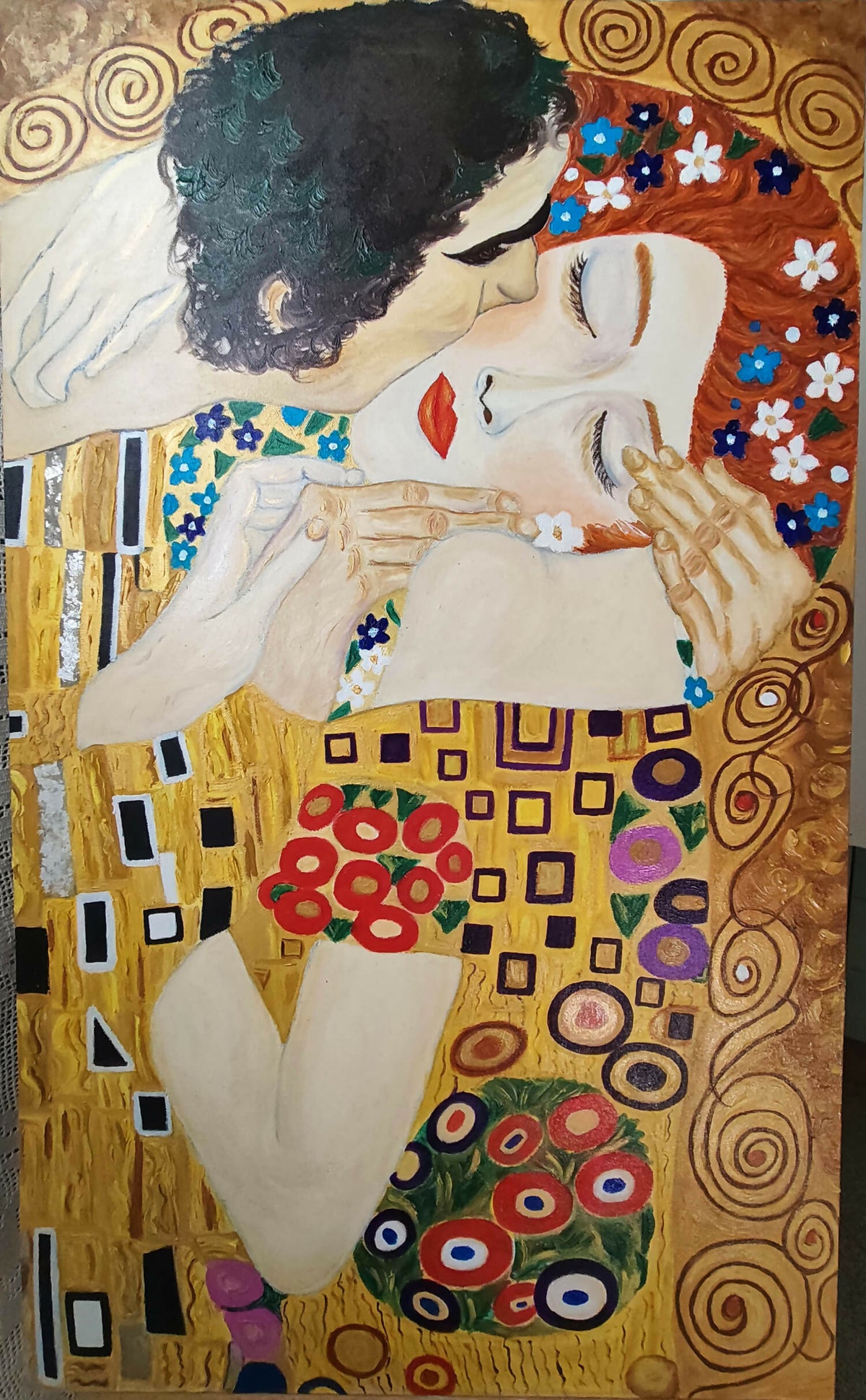 Il bacio, copia da Gustav Klimt a olio su tela