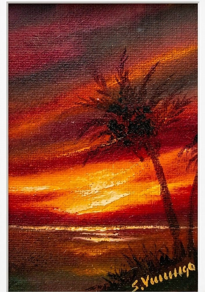 Olio su tela di Salvatore Vernengo con tramonto tropicale
