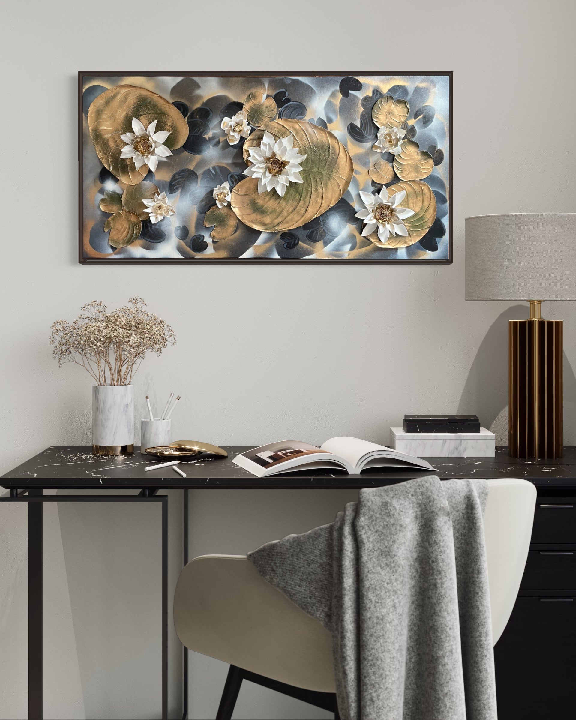 3D water lily wall art - black and gold tones.