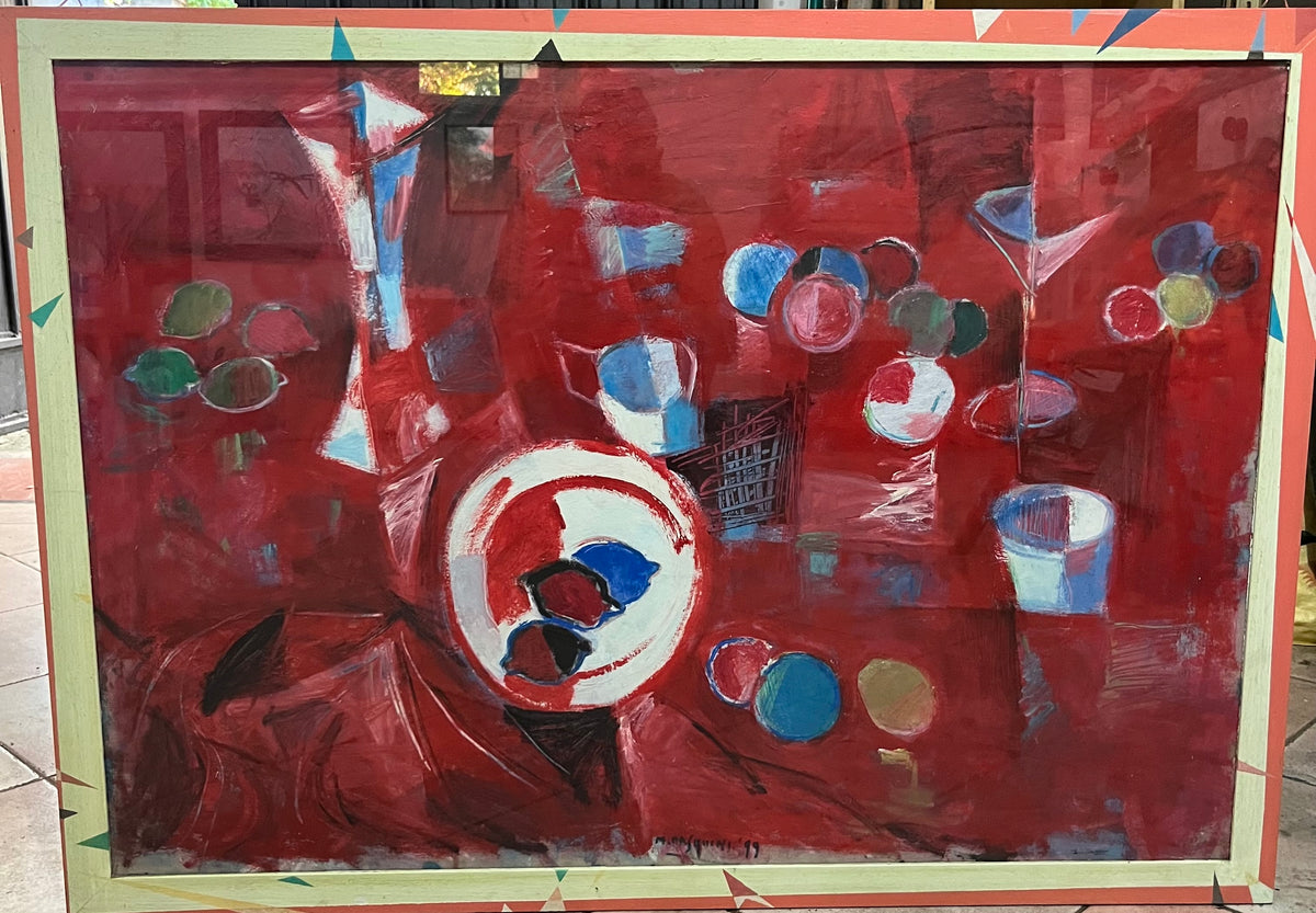Natura morta rossa di Marcello Pasquini, olio, 101 x 71 cm