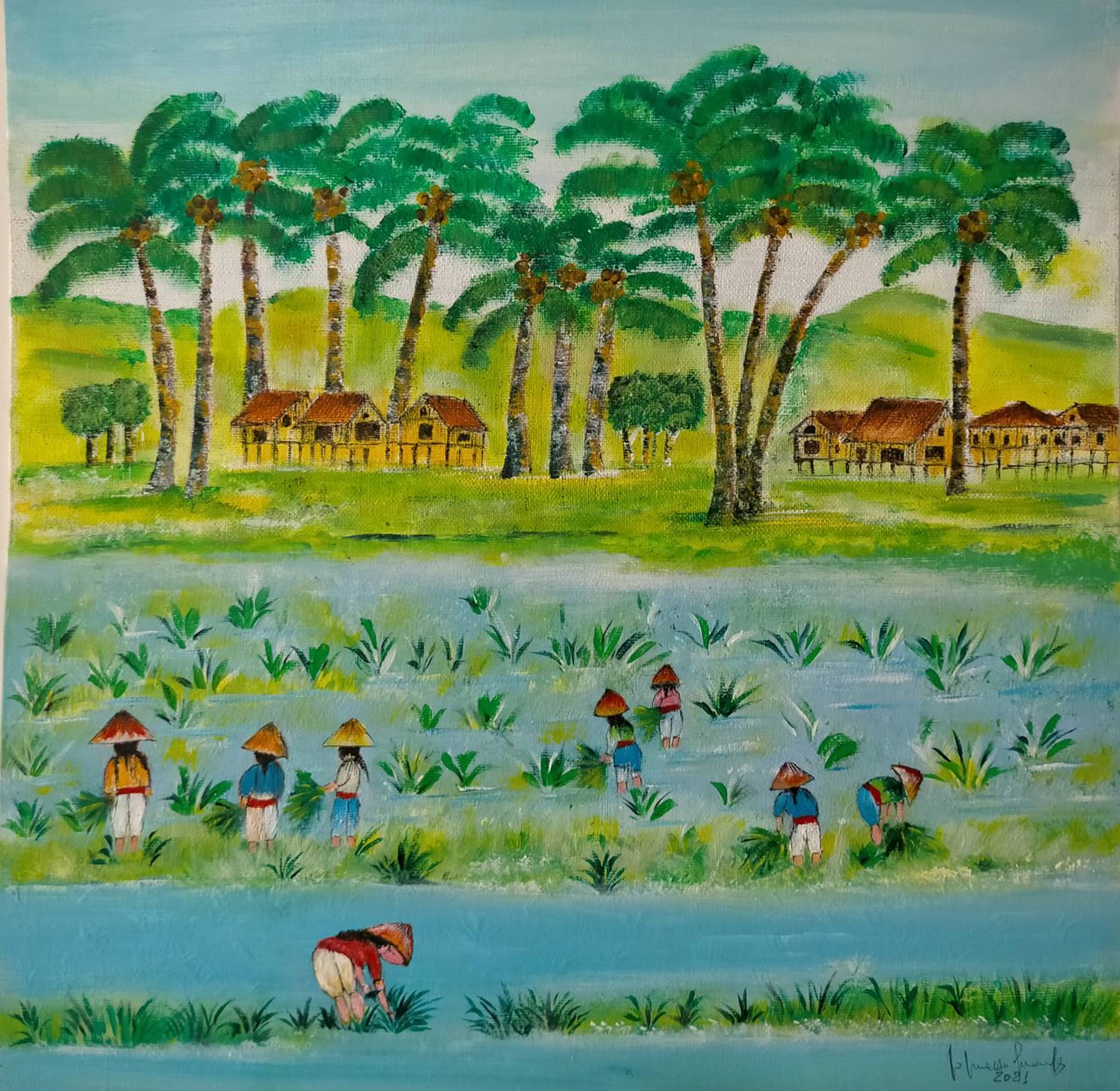 Emanuele Di Marzio -  Paesaggio di risaia con operaie