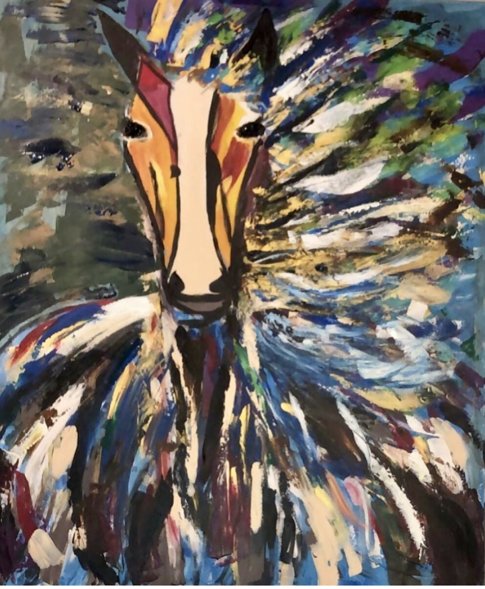 Bucefalo, opera figurativa con cavallo su tela 100 × 140 cm