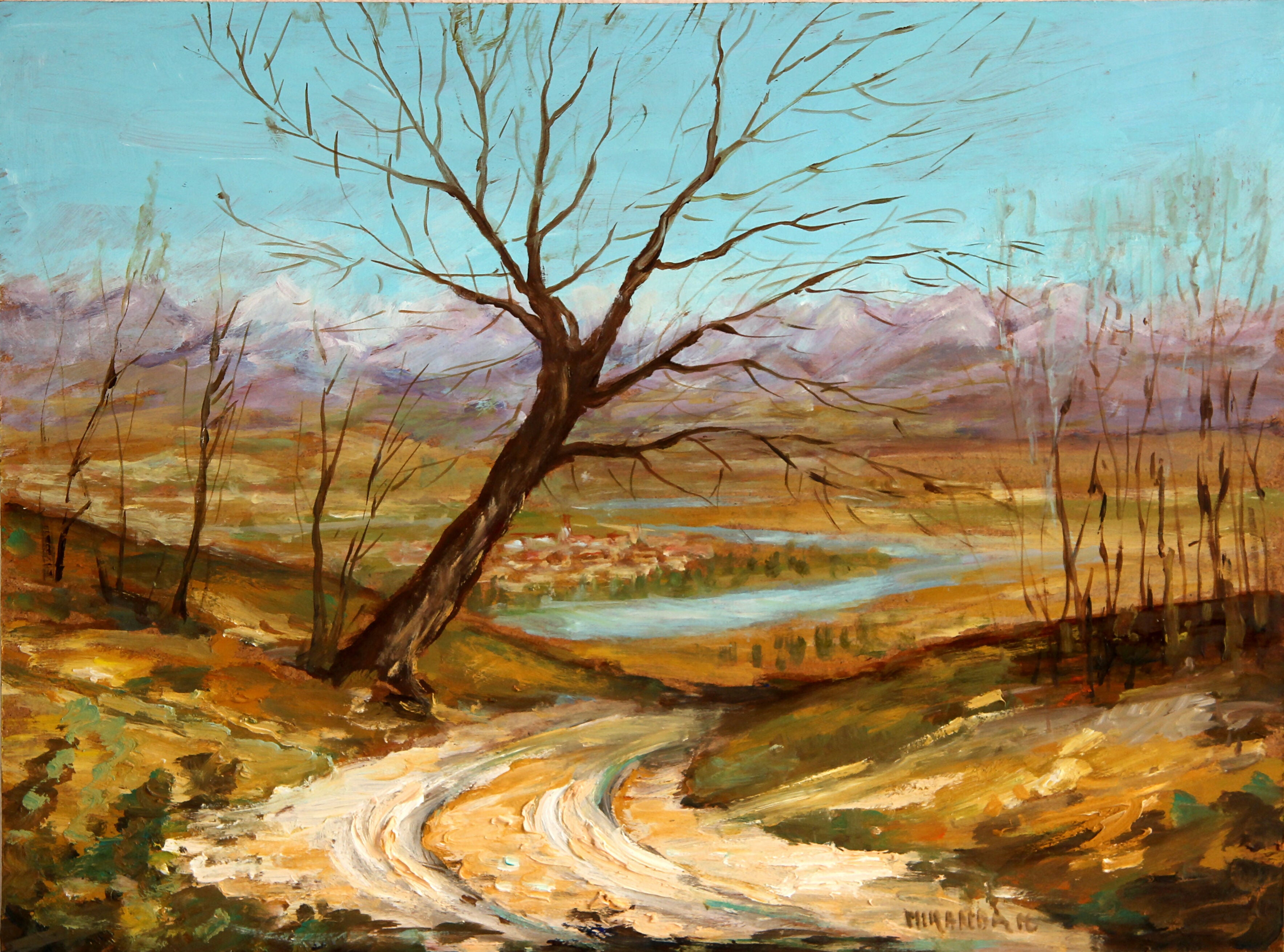Paesaggio autunnale Albero spoglio, olio su tavola di Miranda Magistrelli
